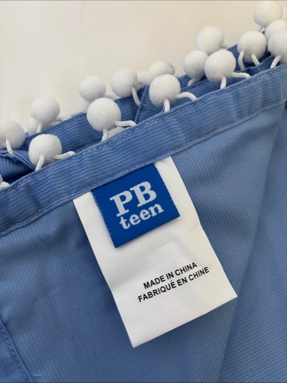 Pottery Barn Teen Muffy Cord Drape 44”x44” Periwinkle Blue Pom Poms w/Tie Back